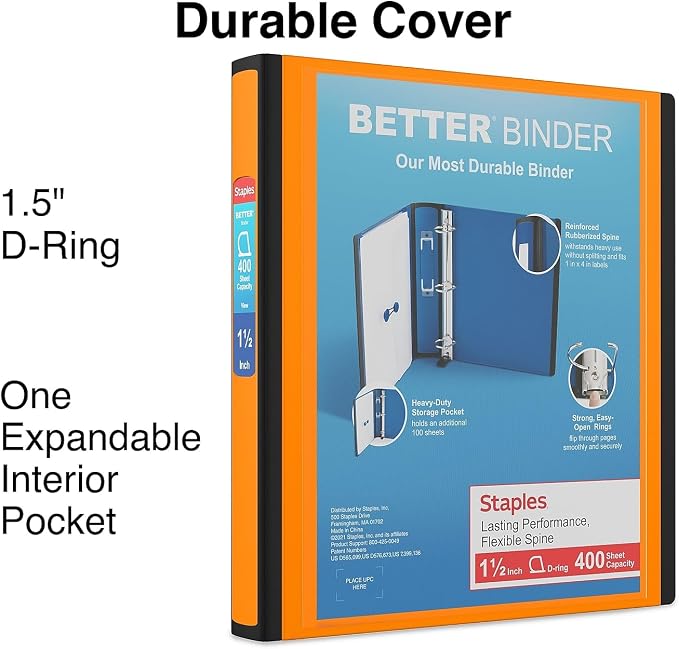 Staples Better Binder, 1.5" Heavy‑Duty D‑Ring 3‑Ring Binder, Orange, Reinforced Spine for Long‑Lasting Use, 400‑Sheet Capacity, School & Office, 3‑Pack