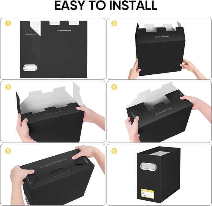 BALEINE File Organizer Box, Cardboard File Folder Organizer with Handle for Letter Size, Portable Collapsible Hanging Filing Box for Home Office Document Storage (8 Pack, Black)