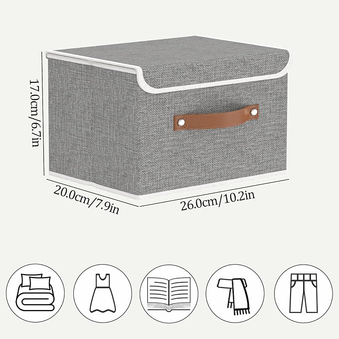 OUTBROS Storage Boxes, Bins with Lids, 10.2x7.9x6.7 in, Grey | Cotton and linen cloth Storage Baskets with Handle, for Books, Closet, Bedroom, Home
