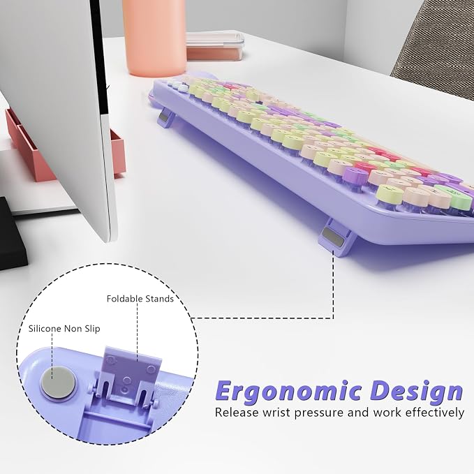 Kootop Wireless Computer Keyboard and Mouse Combo,Colorful Purple | Ergonomic Full Size Typewriter Retro Round Keycaps Keyboard, Compatible with Windows, PC, Perfer for Home and Office