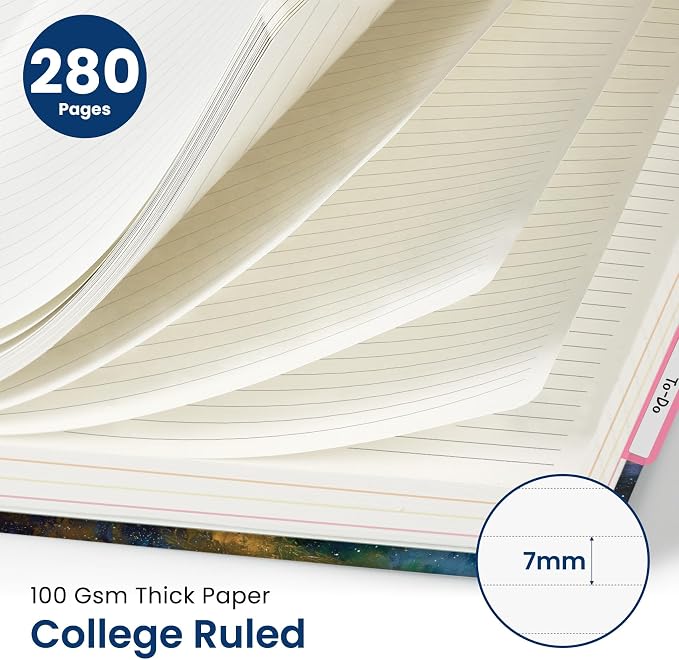Large Spiral Lined Notebooks for Work with Removable Dividers & Tabs, 8.5"x11" Pretty Hardcover 5 Subject Notebook Journal for Women, College Ruled, Perfect for Study & Office Organization, 280 Pages,Starlit Peaks