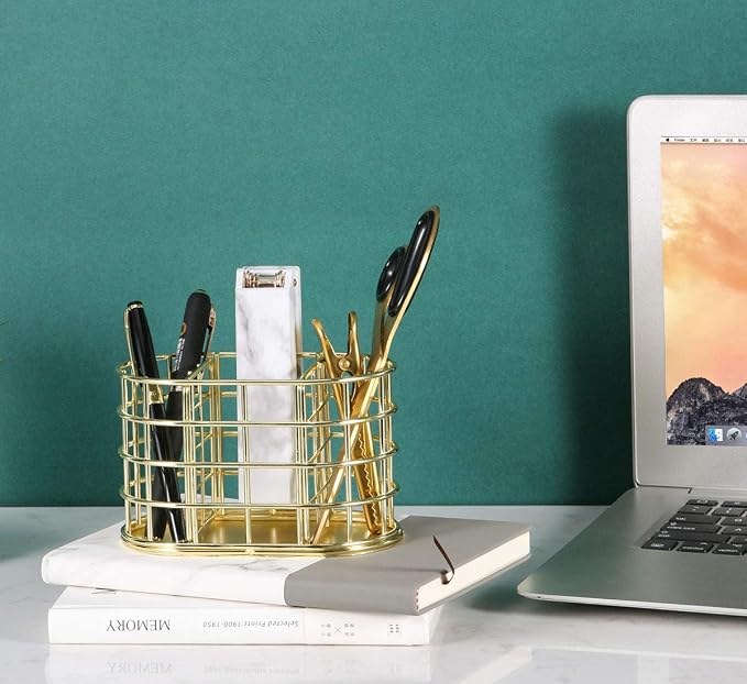 Pen Holder, 3 Compartment Metal Pencil Holder Stationery Organizer, Decorative Desktop Storage Holder for Office Supplies, Gold