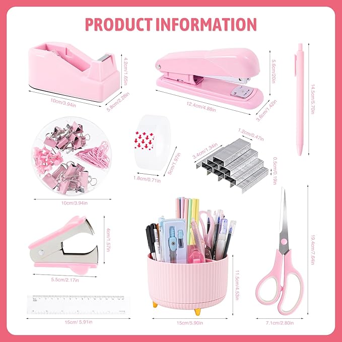 Gawsey Pink Desk Organizers and Accessories with Desk Organizer 360° Rotating Pen Holder and Office Supplies, Cute Stationery Supplies Set