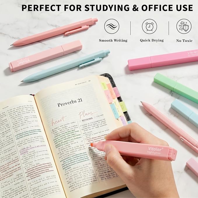 Piochoo Highlighters and Gel Pens,6Pcs Pastel Colors Bible Highlighters and 6Pcs Black Ink Pens for Journaling Planner Notes School Supplies