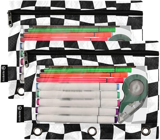 Gredecor 3 Ring Binder Pencil Pouch, Wavy Checkered Zippered Pen Case Pouches with Clear Window, 2 Pack Stylish Office & School Supplie