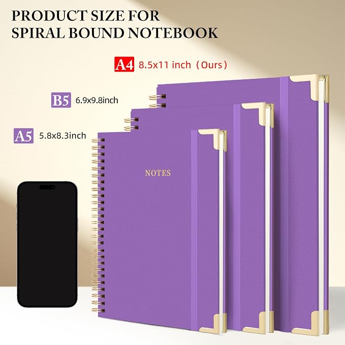 ALKALO A4 Large Spiral Notebook Journal, (8.5×11'') 100 Pages Linen Hardcover College Ruled Journaling For Work & Note Taking Thick Spiral Journal For Writing Daily Journal For Women & Men-Purple