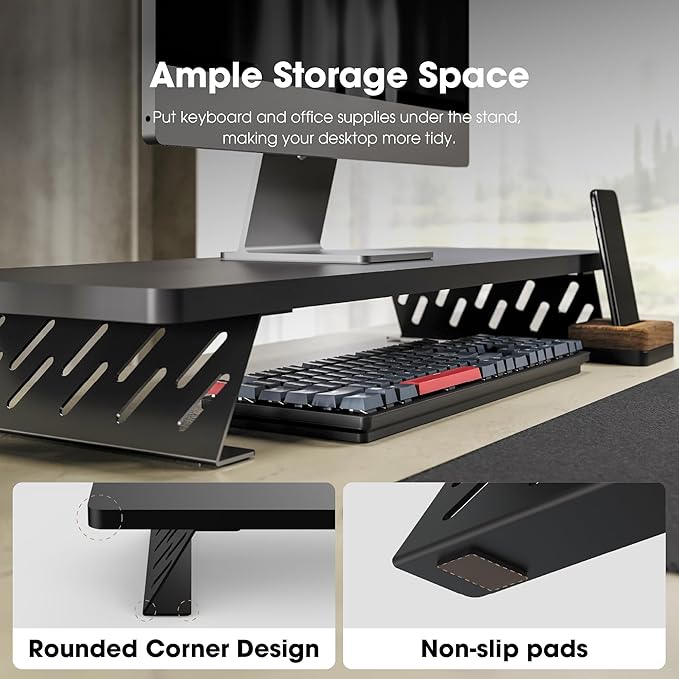 Fenge Monitor Stand Riser, Wooden & Metal Desk Shelf Organizer, Black | 31.5 Inch Computer Stand for Compact Work Station, Multifunctional Monitor Shelf for Laptop, PC, Printer