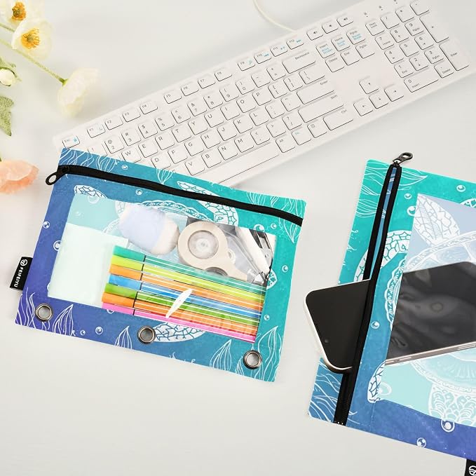 ALAZA Pencil Pouch for 3 Ring Binder, Underwater Sea Turtle Seaweed Print Binder Pencil Pouches with Clear Window Zipper Pencil Case Cosmetic Bags for Office College Supplies, 2PCS