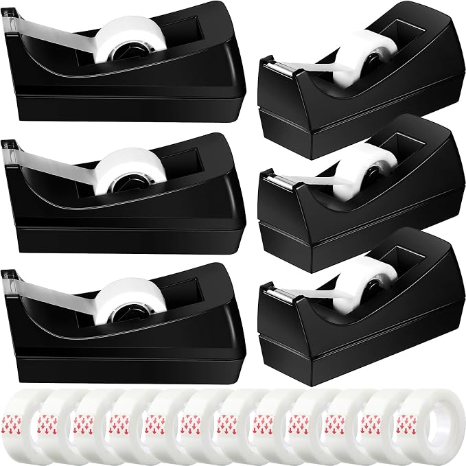 Yahenda 6 Pack Black Desktop Tape Dispenser Non Skid Base with 0.7 x 985 Inches Invisible Tape Refills Bulk Weighted Roll Dispenser for Office Home School