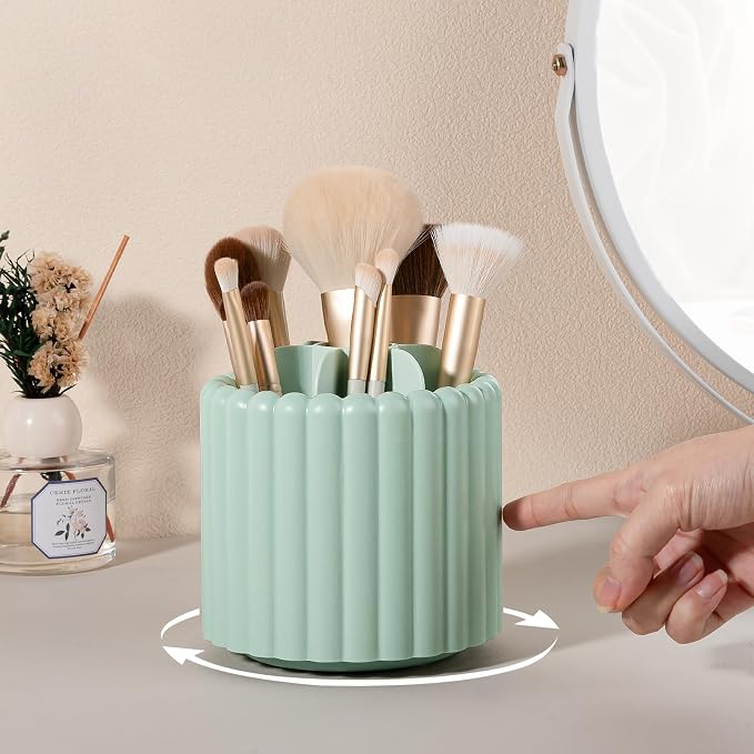 Rotating Makeup Brush Holder Organizer with Removable Dividers, Green | 7 Slots Make Up Brush Organizer 360 Spinning Cosmetic Storage Pen Holder for Desk, Vanity, Dresser