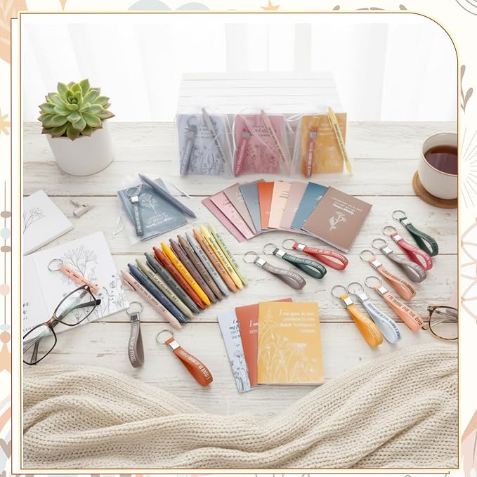 Mooliwe 24 Set Positive Affirmation Gift Set Gratitude Notebooks with Pens Keychains Small Bags Motivational Party Favors for Adult Women Coworkers Employee Group (Fresh)