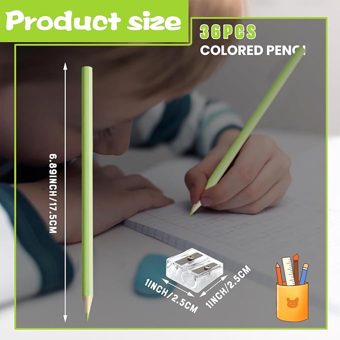 36 PCS Macaron Green Colored Pencils with Eraser Pre Sharpened Pencil 2 HB - Ideal for Checking, Grading, Tests & Office/School Supplies (cutegreen)