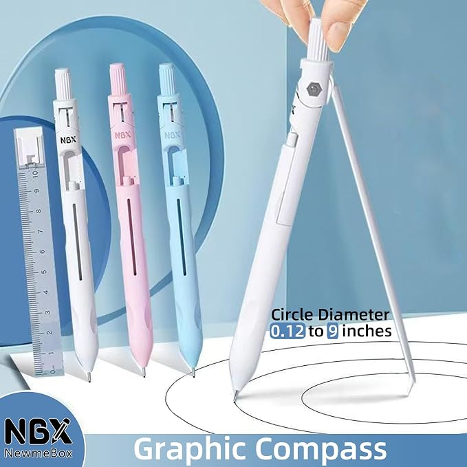 Cute Mechanical Pencil, Metal Grip, Refillable for School Supplies Kid Student Writing, Drafting Drawing Sketching, Mechanical Pencils Set with Lead Refills & Compass & Ruler & Eraser (White,1-PACK)