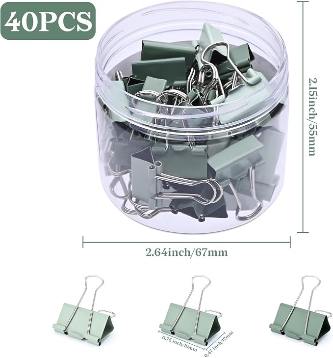 Temiary Aesthetic Binder Clips, Small Metal Binder Clip with Clear Storage Container, Binding Paperwork Clamps for School Teachers Office Supplies (Green 0.75 Inch, 40P)