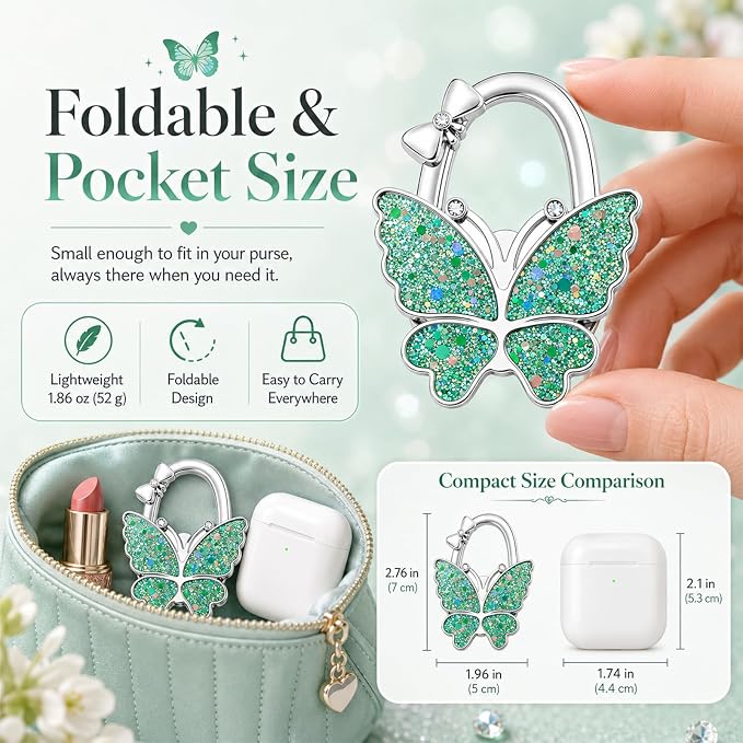 Purse Hook for Table, Foldable Handbag Hanger for Women, Portable Bag Holder with Non-Slip Base, Cute Star Green Butterfly Purse Table Hook for Restaurant Office Travel Gift
