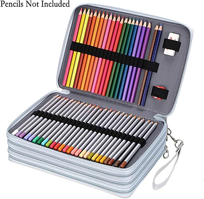 BTSKY 200 Slots Colored Pencil Organizer - Deluxe PU Leather Pencil Case Holder With Removal Handle Strap Pencil Box Large for Colored Pencils Watercolor Pencils Grey