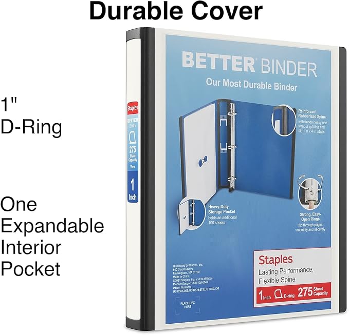 Staples Better Binder, 1" Heavy‑Duty D‑Ring 3‑Ring Binder, White, Reinforced Spine, 275‑Sheet Capacity, Durable Binder for Reports, Classes & Office Use, 3‑Pack