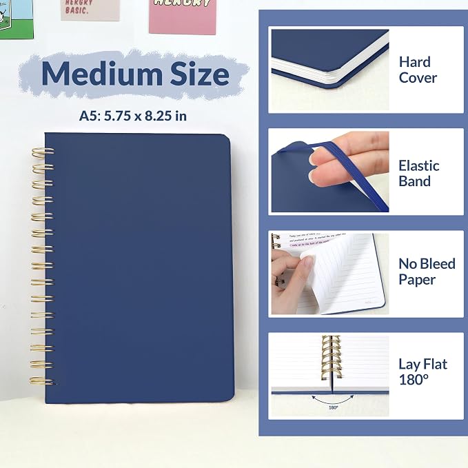 SUNEE Lined Spiral Journal Notebook for Women, 146 Pages College Ruled Hardcover Journaling Notebook for Work, Note Taking and Office School Supplies, A5 - Navy Blue