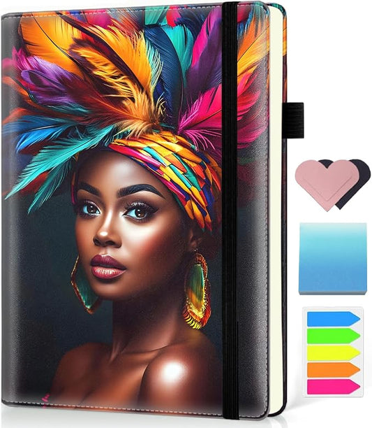 Hardcover Executive Notebooks, A5 PU Leather Lined Journal Notebook, 200 Pages Thick Paper Subject Notebooks for School,Work,Home Writing Business Notebook, Diary Book ，African American Women