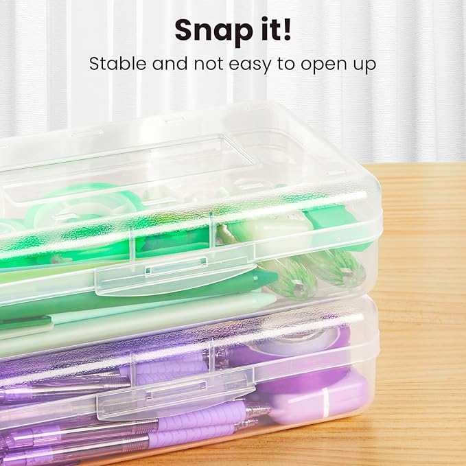 Sooez Plastic Pencil Case Box 6 Pack, Large Craft Storage Boxes Bulk, Plastic Containers with Snap-tight Lids, Hobby Art School Supply 0rganizer, Marker Bead Pen Bins Organizer,Stackable, Multicolor