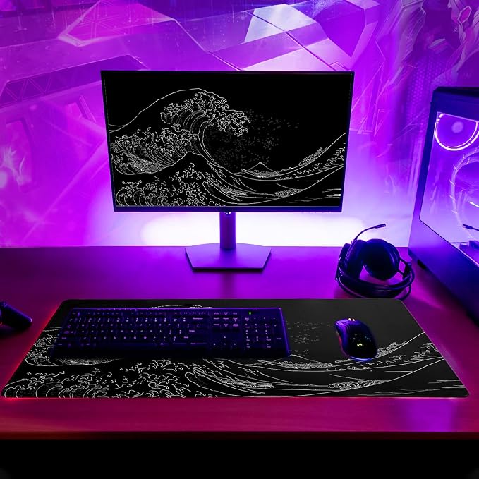 Brecoy Japanese Sea Wave Large Mouse Pad, Anime Black Gaming, Extended Kanagawa Mat Desk Pad, 3mm Thick Long Non-Slip Rubber Base Mice Pad, 31.5 X 11.8 Inch