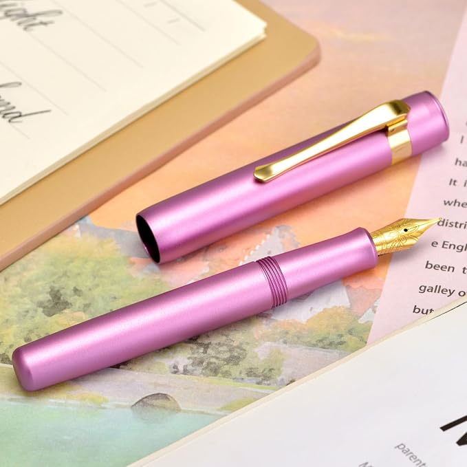 HONG DIAN M2 Black Forest Mini Fountain Pen, Medium Soft Golden Nib & Sleek Shape Aluminium Short Pocket Travel Pen (Lilac Purple)