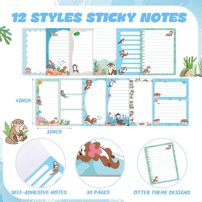 Chiisong 12 Pads Otters Sticky Notes Cute Animal Sticky Note Pads 3 x 4 Inches Cartoon Adhesive Memo Reminder Decor for Sea Otter Lovers Journal Home Office Gifts Christmas Small Gift