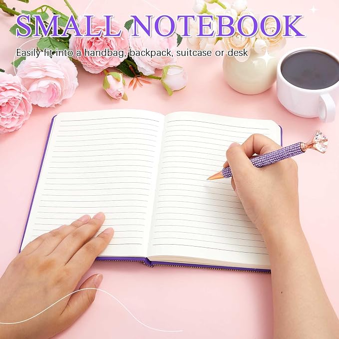 Rhinestone Pen & Glitter Notebook Set, Hard Cover Bling Diary Journal for Girls, Cute School Supplies for Back to School, Sparkly Desk Accessories Gift for Women(Rhinestone,A5,Purple)