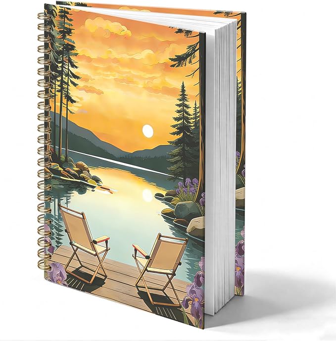 Boho Sunset Lake Camping Journal Notebook 5.5x8.3, Camping Lover Gifts Journal for Women Men, Camper Gifts, Rustic Nature Lake Landscape Notebooks for Work