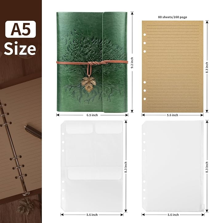 Billtigif Leather Journal Notebook, Refillable Travelers Notebook with Transparent Bag, 160 Pages, 6.5" x 9.2" Vintage Journal, Graduation Gifts for Women and Men (Green, A5)