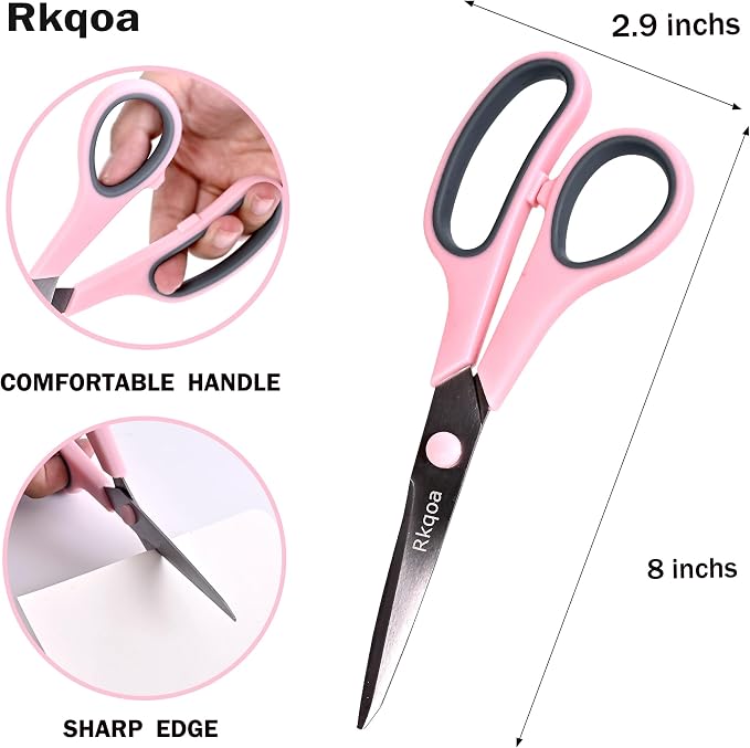 Pink Scissors Pack, Rkqoa 8" All Purpose Sharp Scissors for Everyday Use | Comfort-Grip Scissor for Office School Classroom Craft Sewing Art Supplies, High/Middle Student Teacher, Right/Left Handle