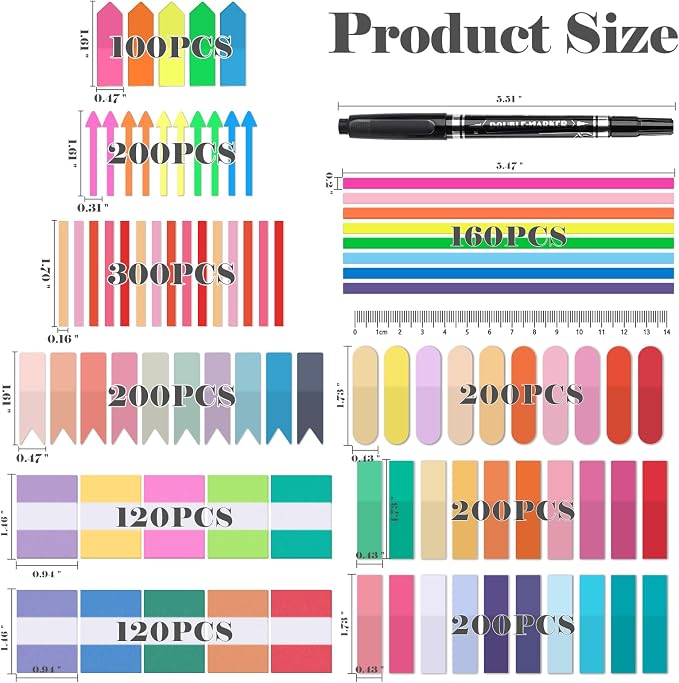 BAYTORY 1800Pcs Transparent Sticky Tabs, 2Pcs Double Marker Pens | See Through Clear Label Stickers, Self-Adhesive Translucent Index Tabs, Sticky Notes for Bible Accessories (Bright Colors)