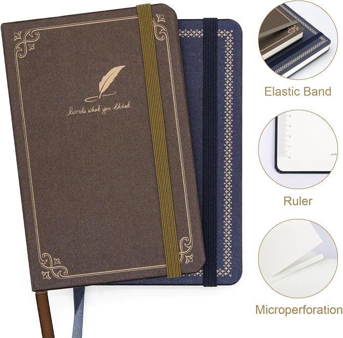 WETLOTE European Vintage Pattern Notebook - Made of sustainable and excellent quality paper,gold fabric and simple patterns, suitable for office, school and many other occasions(Brown+Blue/A6)