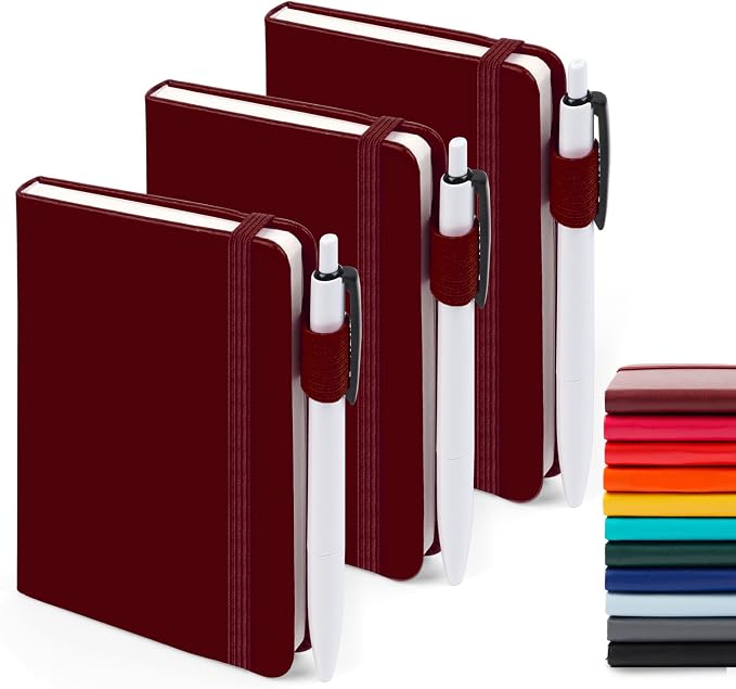 feela 3 Pack Pocket Notebook Journals with 3 Black Pens, A6 Mini Cute Small Journal Notebook Bulk Hardcover College Ruled Notepad with Pen Holder for Office School Supplies, 3.5”x 5.5”, Wine