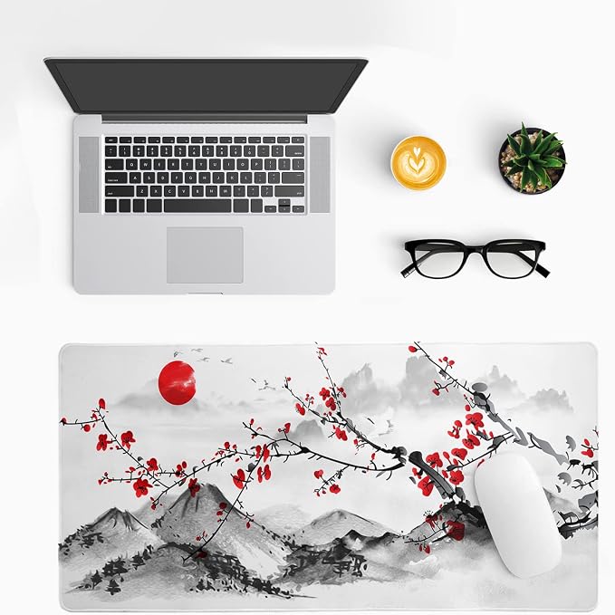 Japanese Cherry Blossom Gaming Mouse Pad 27.6x11.8 Inch Pink Full Desk Sakura Large Non-Slip Rubber Base Waterproof Big Keyboard Mat With Stitched Edges for Office