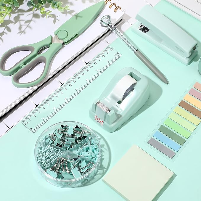 Marspark Sage Green Desk Accessories Office Supplies Set, 12 Pcs | 360° Rotating Pen Holder, Stapler, Tape Dispenser, Scissor, Sticky Notes, Binder Clips, Desk Organizers Gift for School