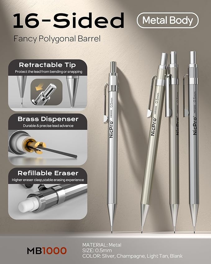 Nicpro 4 Pack Mechanical Pencil 0.5 mm with Case, MB1000 Metal Mechanical Pencil Set with 6 Tube HB #2 Lead Refill 0.5mm, 3PCS 4B Eraser, 9 Cap Eraser for Artist Drafting Writing, Sketching, Drawing | 6 Tube HB #2 Lead Refill 0.5mm, 3PCS 4B Eraser, 9 C...