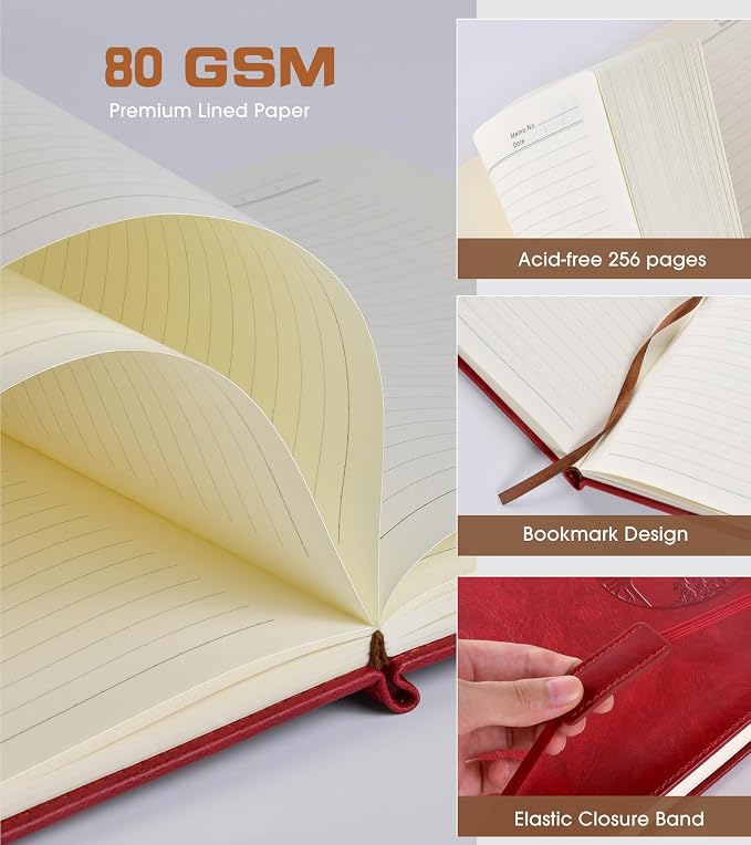 Biuwory Leather Journal Notebook,256 Thick Lined Pages,Hardcover 5.7"×8.3" | Vintage Journal for Women Men,Work,School,Business,Travel Diary,Note taking,College Ruled Writing,Daily Journaling Notebook