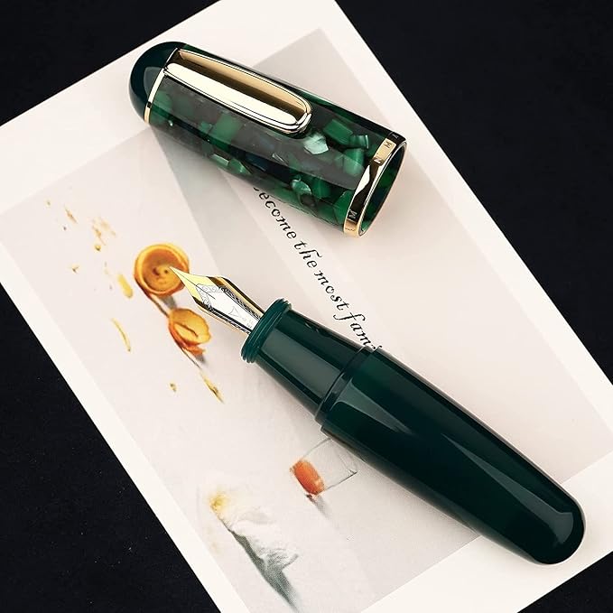 Lanxivi Majohn Q1 Fountain Pen Extra Fine Nib Green Acrylic, Little Fat Man Eyedropper Filling Pocket Pen Large Capacity