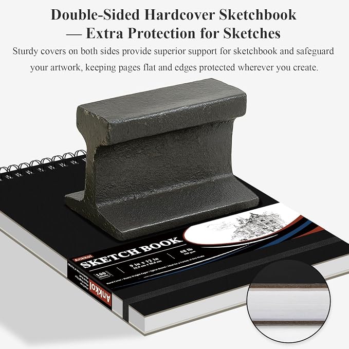Ankkol 9x12 Sketch Book, Top Spiral Bound Sketchbook,100 Sheets_68lb/100gsm | Art Sketch Pad for Kids, Adults, Beginners, Artists, Acid-Free Sketch Paper, Thick Drawing Paper, Hardcover, Perforated Pages