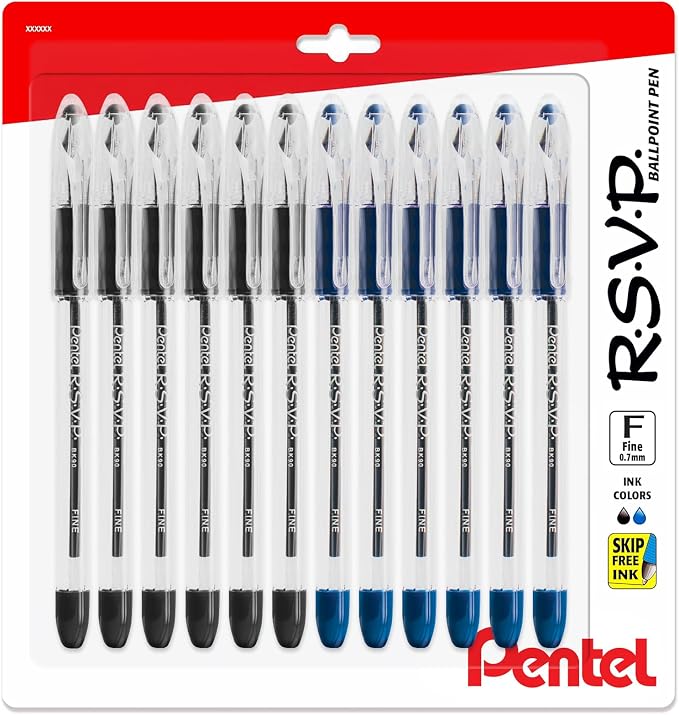 Pentel RSVP Ballpoint Pens, 0.7mm Fine Point, 6 Black & 6 Blue Ink Pentel Pens, Pack of 12 | 6 Black & 6 Blue Ink Pens
