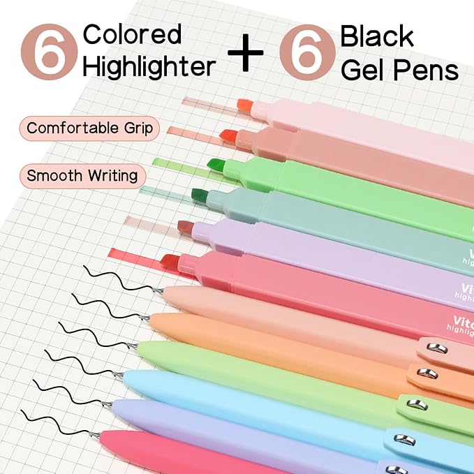 Piochoo Aesthetic Highlighters and Gel Pens, 12 Pack, Assorted Colors Cute Highlighter,0.5mm Black Ink Pens for Journaling Planner Notes Supplies