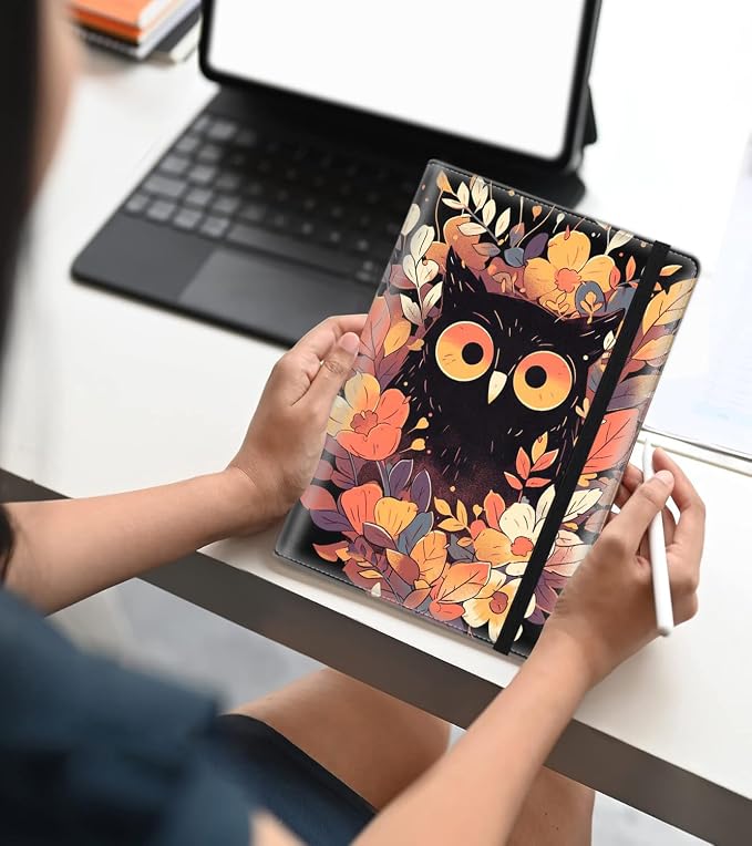 A5 Leather Lined Journal Notebook, 200 Pages Hardcover Executive Notebook for Men Women Office School Note Taking, Thick Writing Paper Daily Journal with Bookmarks/Indexes, Flower Owl