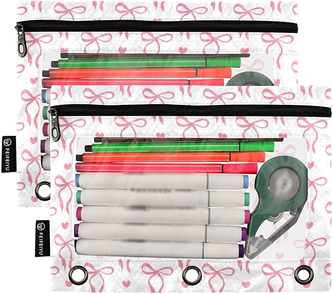 Gredecor 3 Ring Binder Pencil Pouch, Romantic Pink Bows Hearts Zippered Pen Case Pouches with Clear Window, 2 Pack Stylish Office & School Supplie