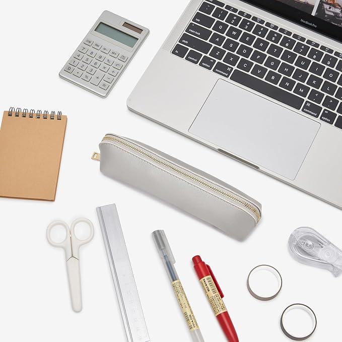 Pencil Case Small Pencil Pouch Slim (Pearl Silver, Faux Leather)