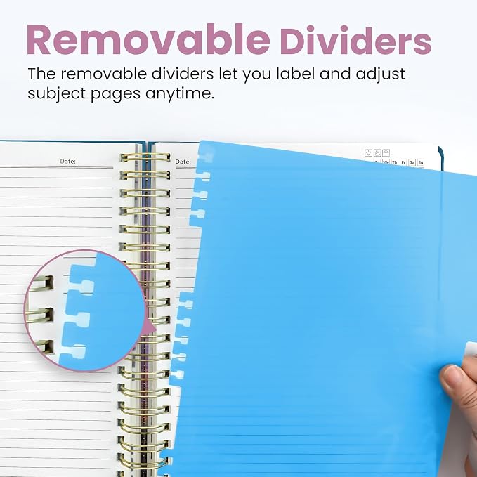 Large Lined Spiral Journal for Women Cute Hardcover 5 Subject Notebook for Work 8.5" x 11" with Removable Dividers & Tabs, College Ruled, 280 Pages Aesthetic Journal for Work, School & Note Taking, Lunar Basin
