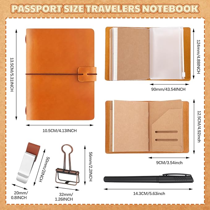 Thenshop Travelers Refillable Leather Journal Notebook Travel Diary Handmade Passport Travelers Journal for Men and Women with 3 Notebook Inserts, Pen Holder, Binder Clip (Light Brown,Passport Size)