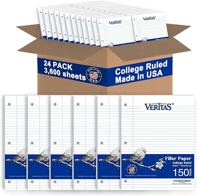 Loose Leaf Paper College Ruled, 8" x 10.5" Binder Filler Paper, 3 Hole Punched Notebook Paper, 3600 Sheets Total 24 Pack 150 Sheets/Pack, Bulk School & Office Supplies, Made in USA