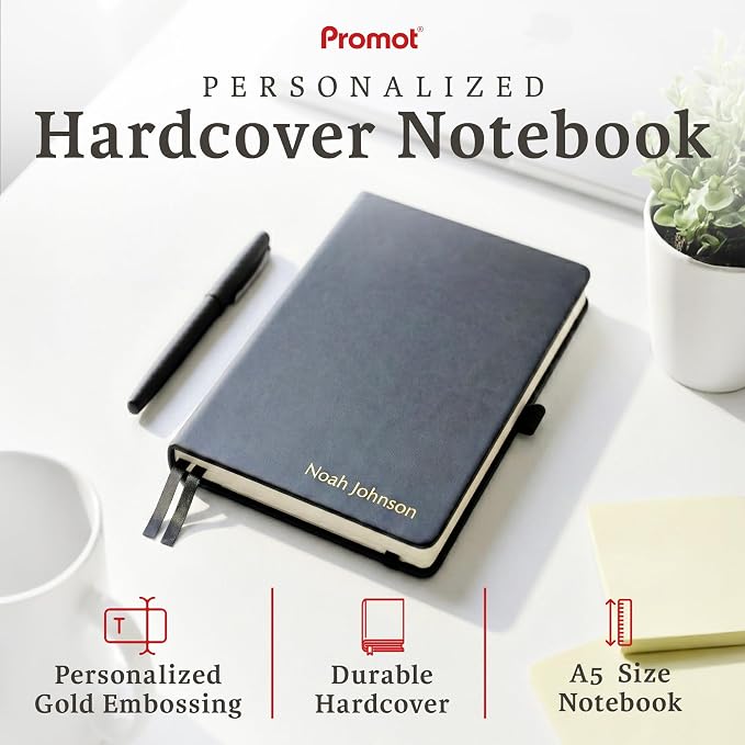 Promot PU Leather Ruled Journal Notebook- Custom Gold Metallic Text (Black) | Premium Leather-Look Cover, Smooth Lined Writing Pages, Durable Everyday Construction, Lay-Flat Writing Experience