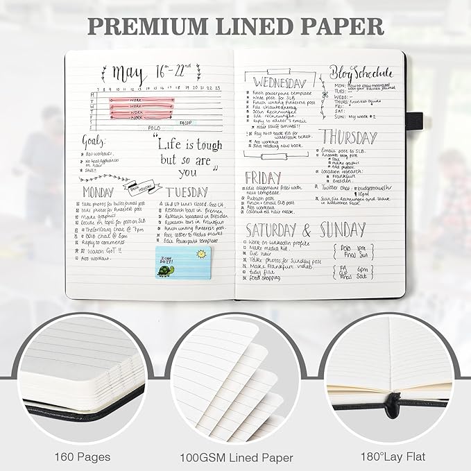 OMEYA A5 Hardcover Notebooks for Work:12 Pack, 100gsm Paper, 160 Pages Each | College-Ruled Pages, 5.75" x 8.38", PU Leather Hardcover, 12 Pens, 2 Inner Pockets, 180° Lay-Flat, For Business, School